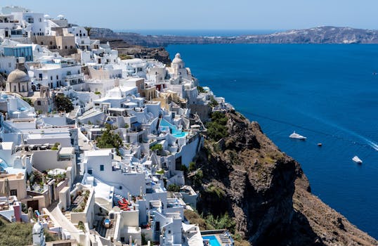 Santorini Cliff Hotels With White Walls and Ocean Benches